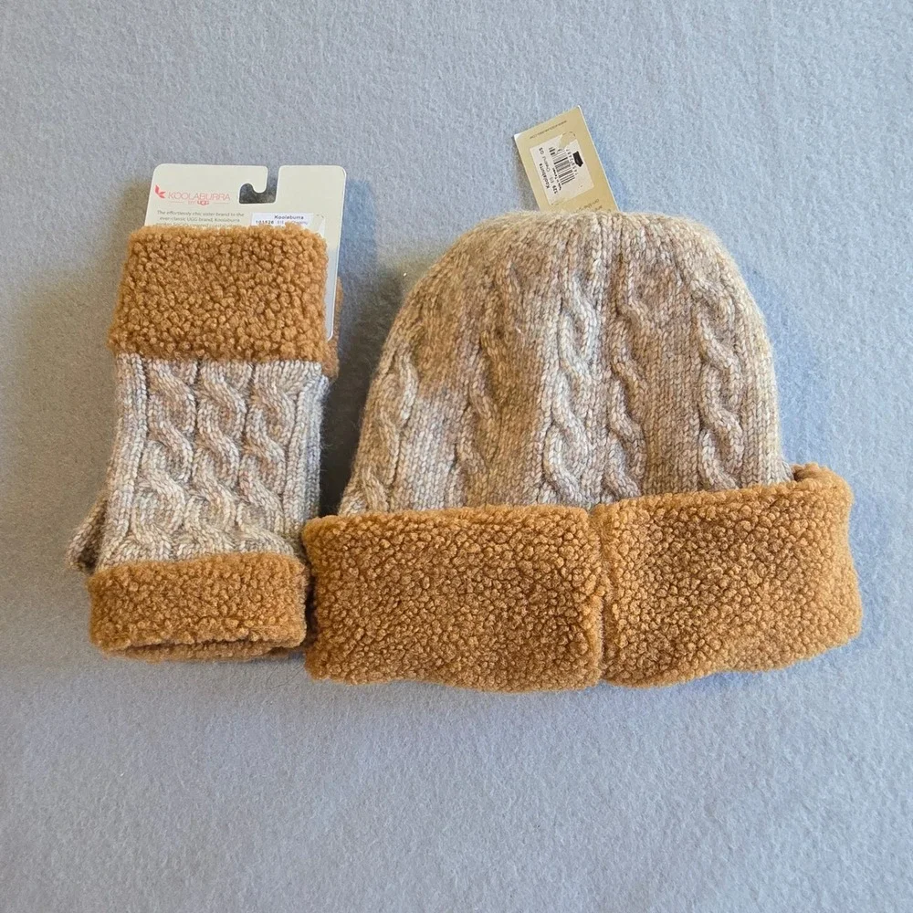 Koolaburra by UGG Beanie and Gloves Set Womens O/S Brown Cable Knit Faux Fur New
